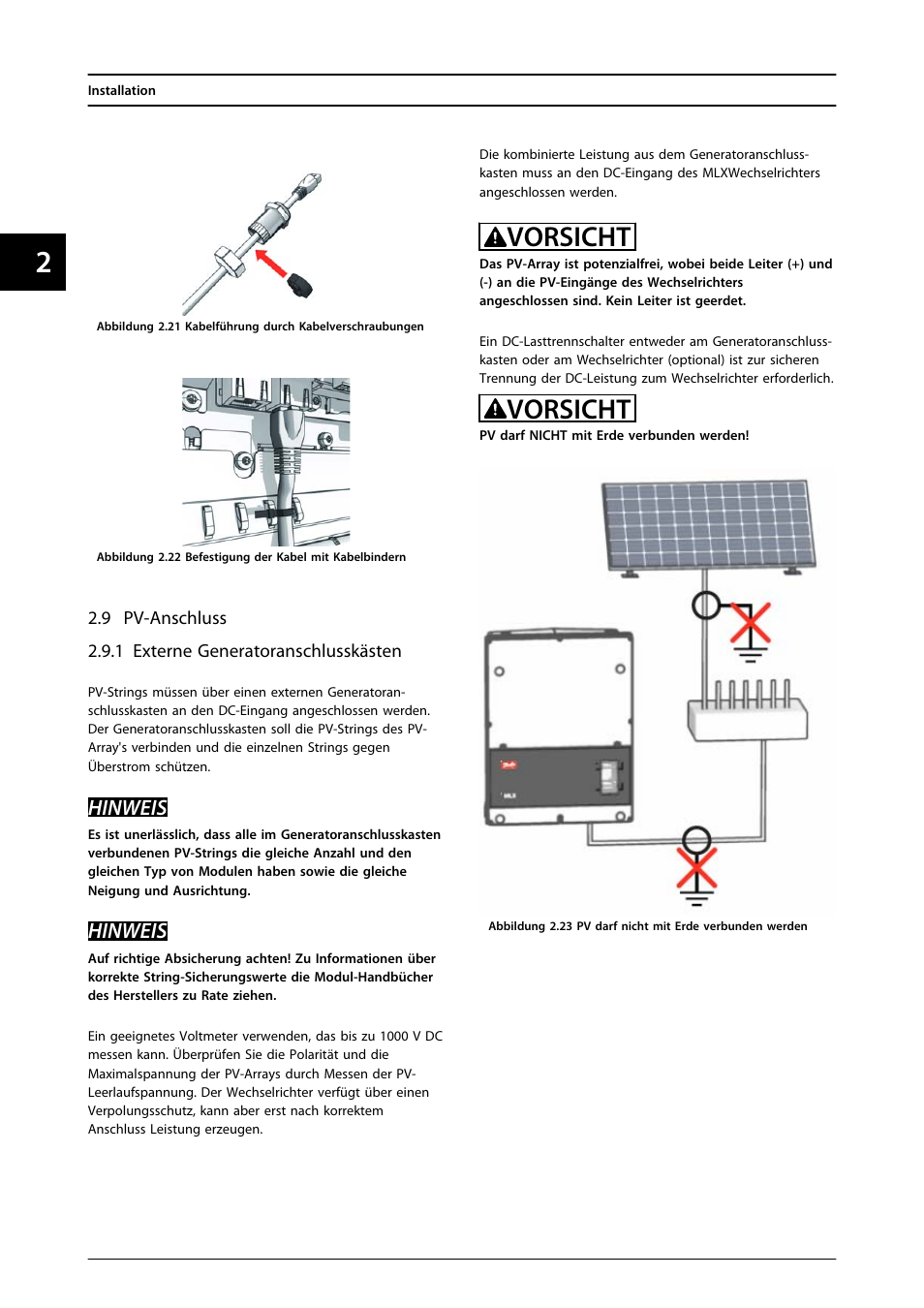 9 pv-anschluss, 1 externe generatoranschlusskästen, Vorsicht | Hinweis | SMA MLX Series User Manual | Page 131 / 153