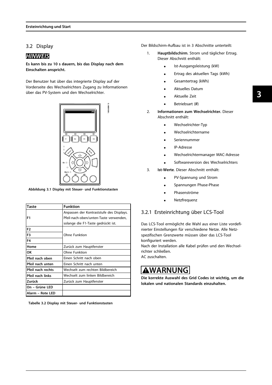2 display, 1 ersteinrichtung über lcs-tool, Warnung | Hinweis | SMA MLX Series User Manual | Page 134 / 153