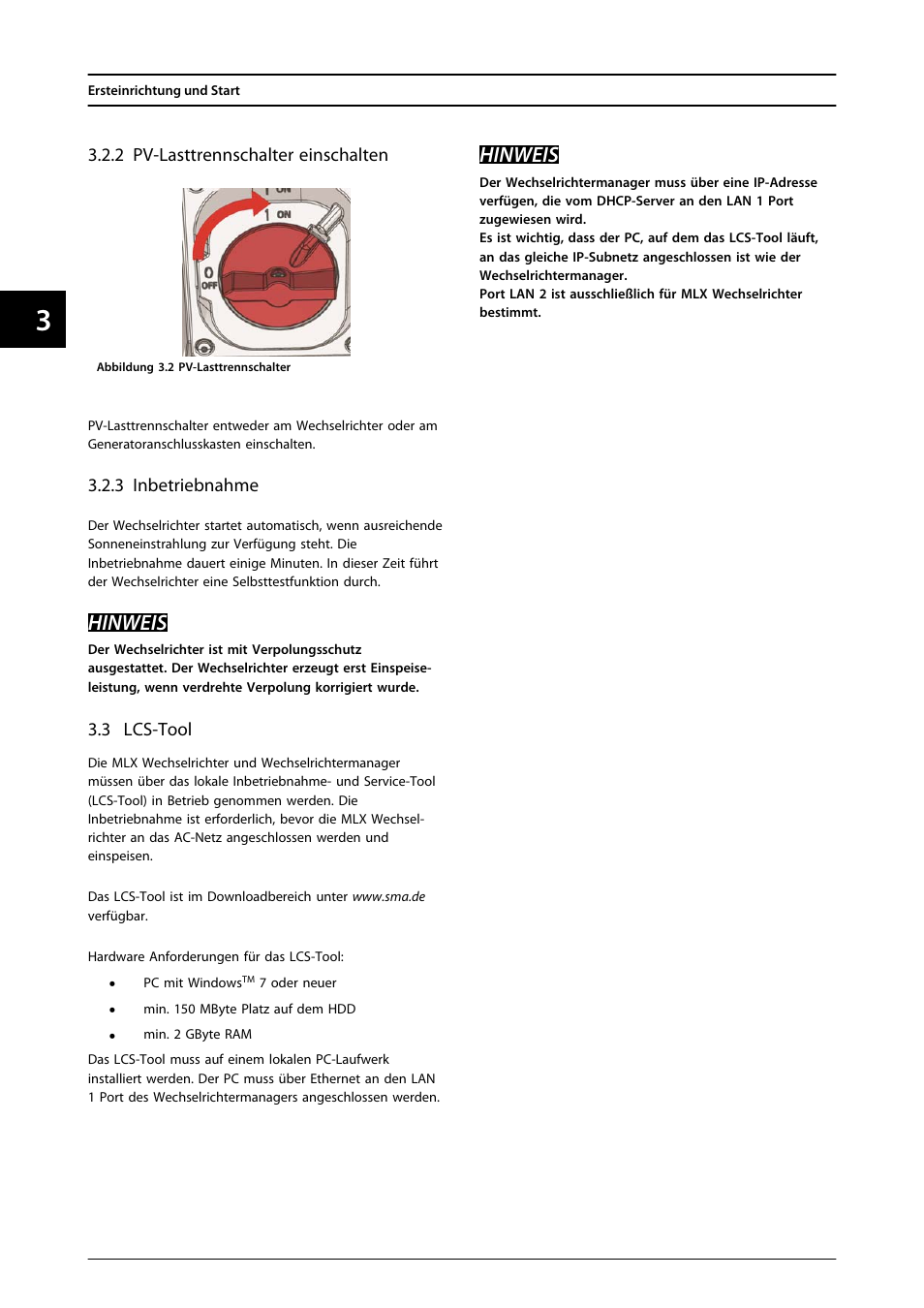 2 pv-lasttrennschalter einschalten, 3 inbetriebnahme, 3 lcs-tool | Hinweis | SMA MLX Series User Manual | Page 135 / 153