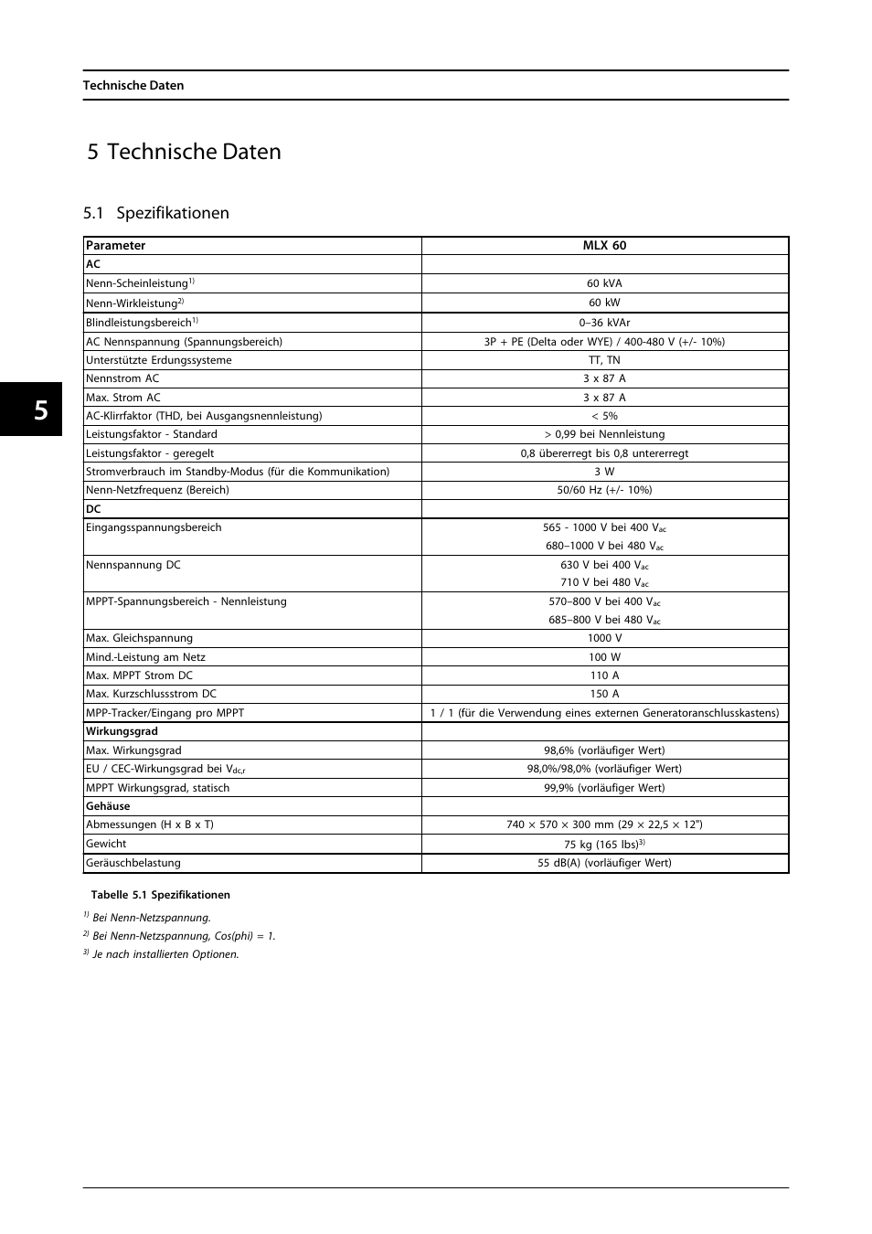 5 technische daten, 1 spezifikationen | SMA MLX Series User Manual | Page 147 / 153