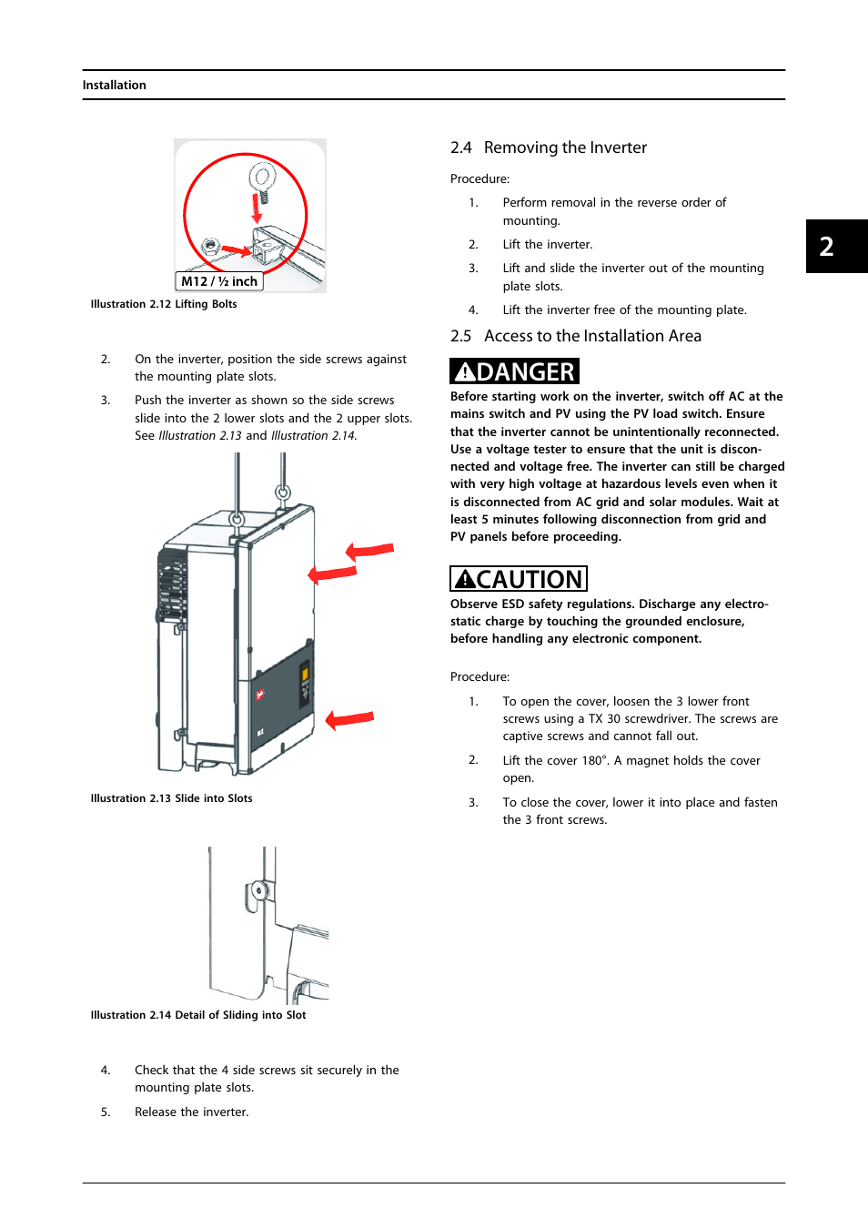 4 removing the inverter, 5 access to the installation area, Danger | Caution | SMA MLX Series User Manual | Page 16 / 153