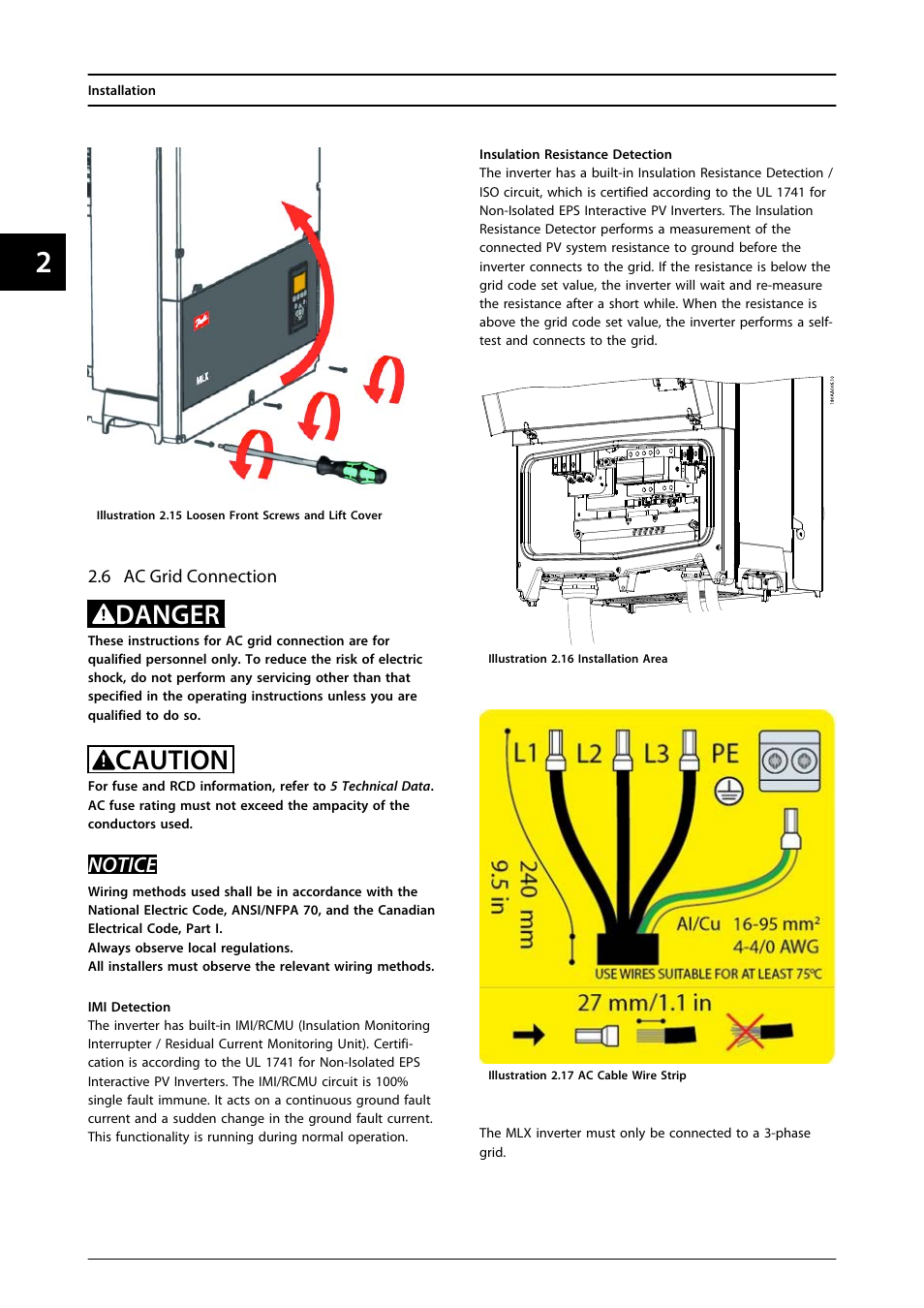 6 ac grid connection, Danger, Caution | Notice | SMA MLX Series User Manual | Page 17 / 153