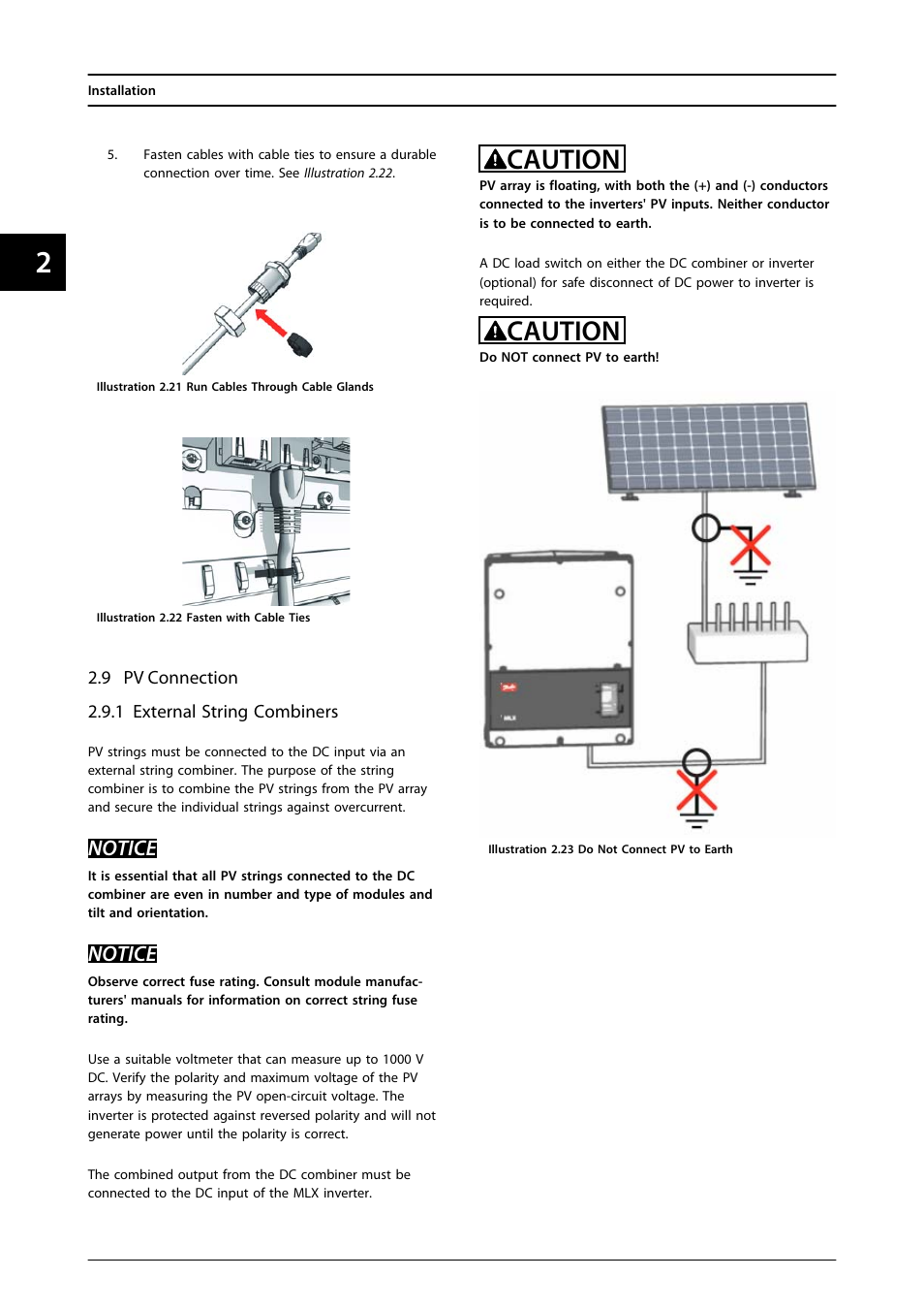 9 pv connection, 1 external string combiners, Caution | Notice | SMA MLX Series User Manual | Page 19 / 153