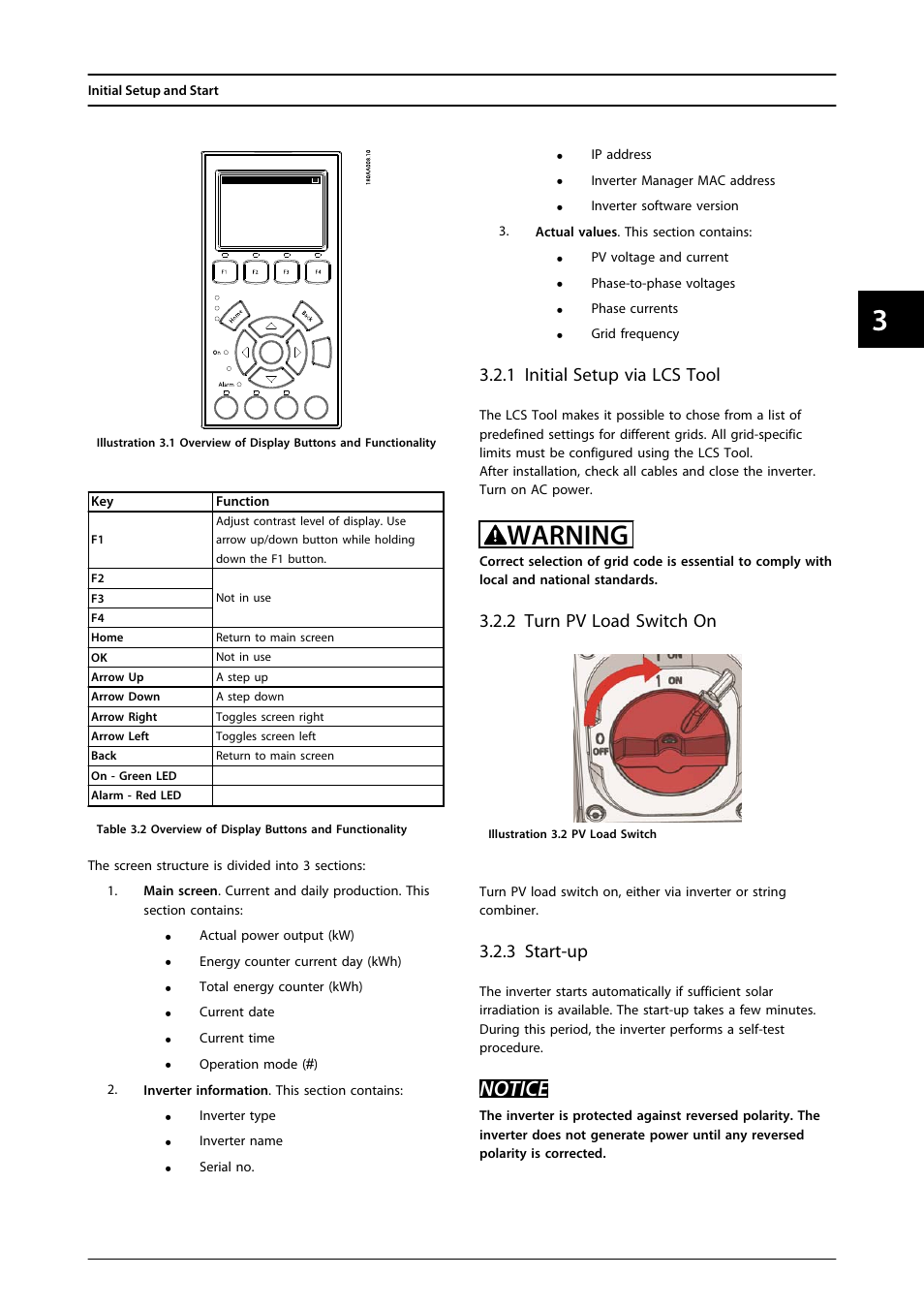 2 turn pv load switch on, 1 initial setup via lcs tool, 3 start-up | Warning, Notice | SMA MLX Series User Manual | Page 22 / 153