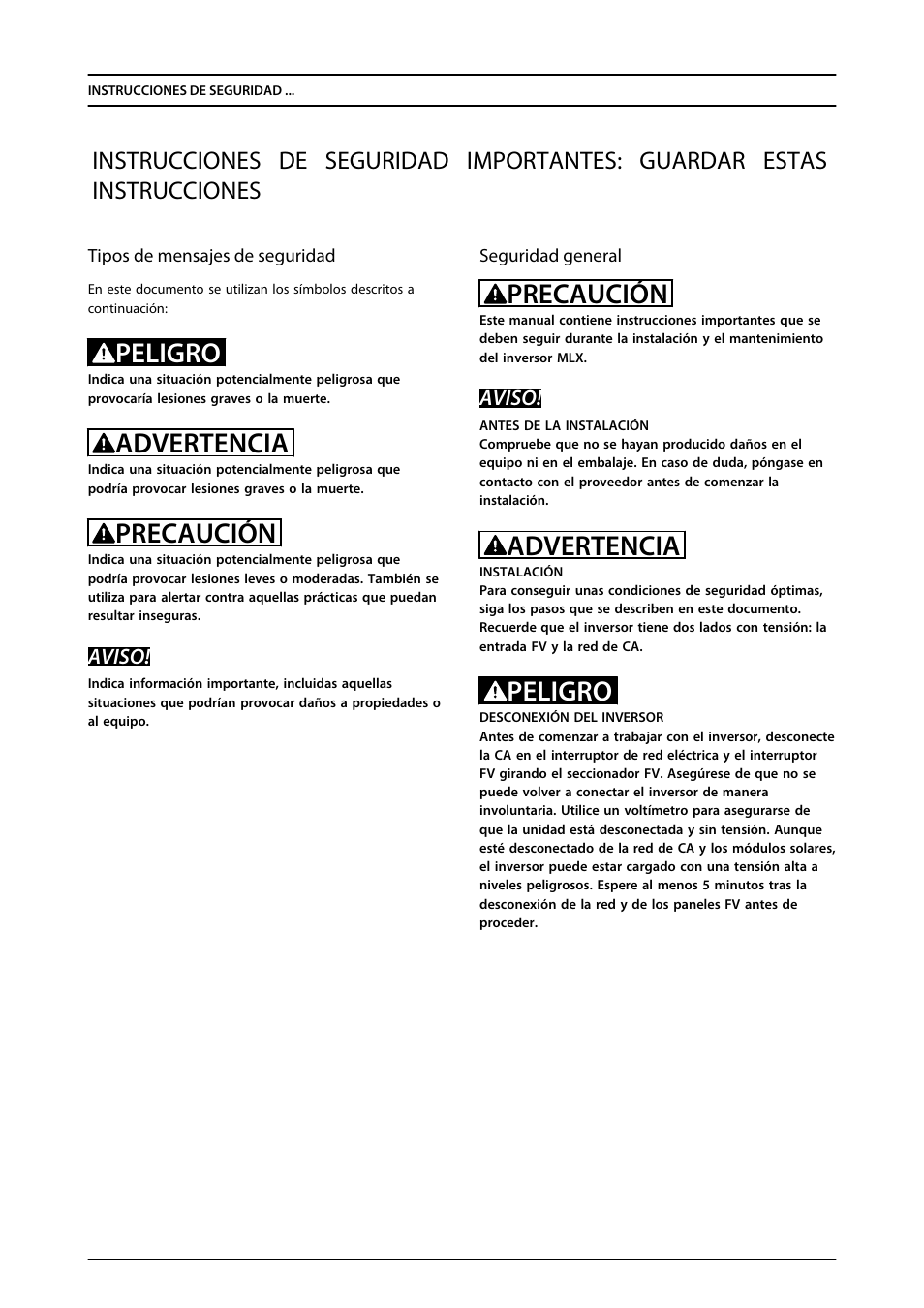 Peligro, Advertencia, Precaución | SMA MLX Series User Manual | Page 38 / 153