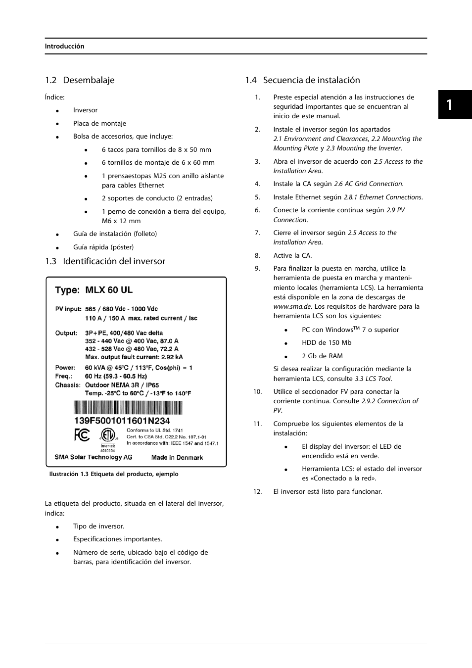 2 desembalaje, 3 identificación del inversor, 4 secuencia de instalación | SMA MLX Series User Manual | Page 46 / 153