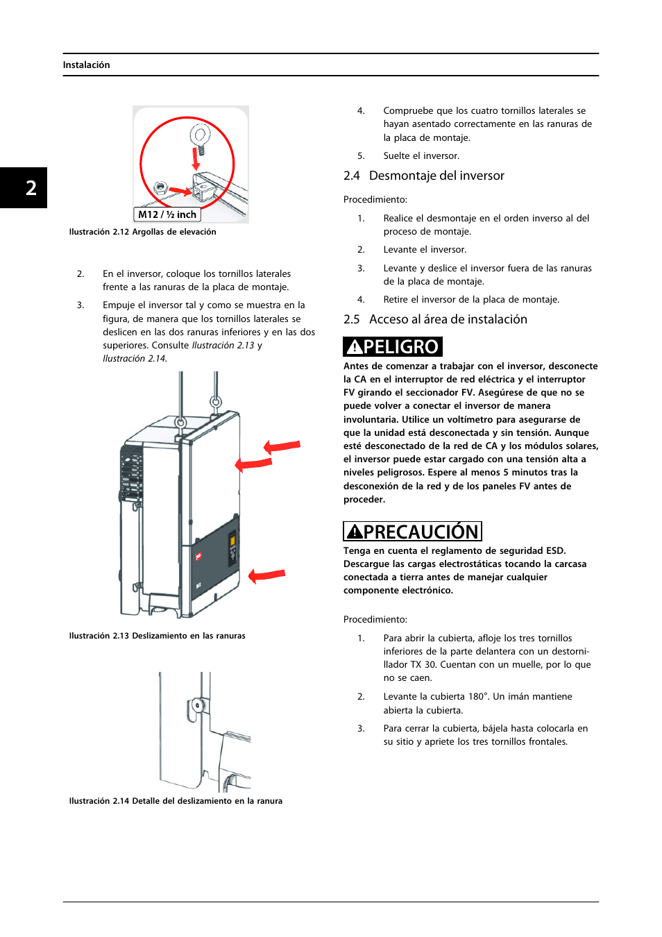 4 desmontaje del inversor, 5 acceso al área de instalación, Peligro | Precaución | SMA MLX Series User Manual | Page 51 / 153