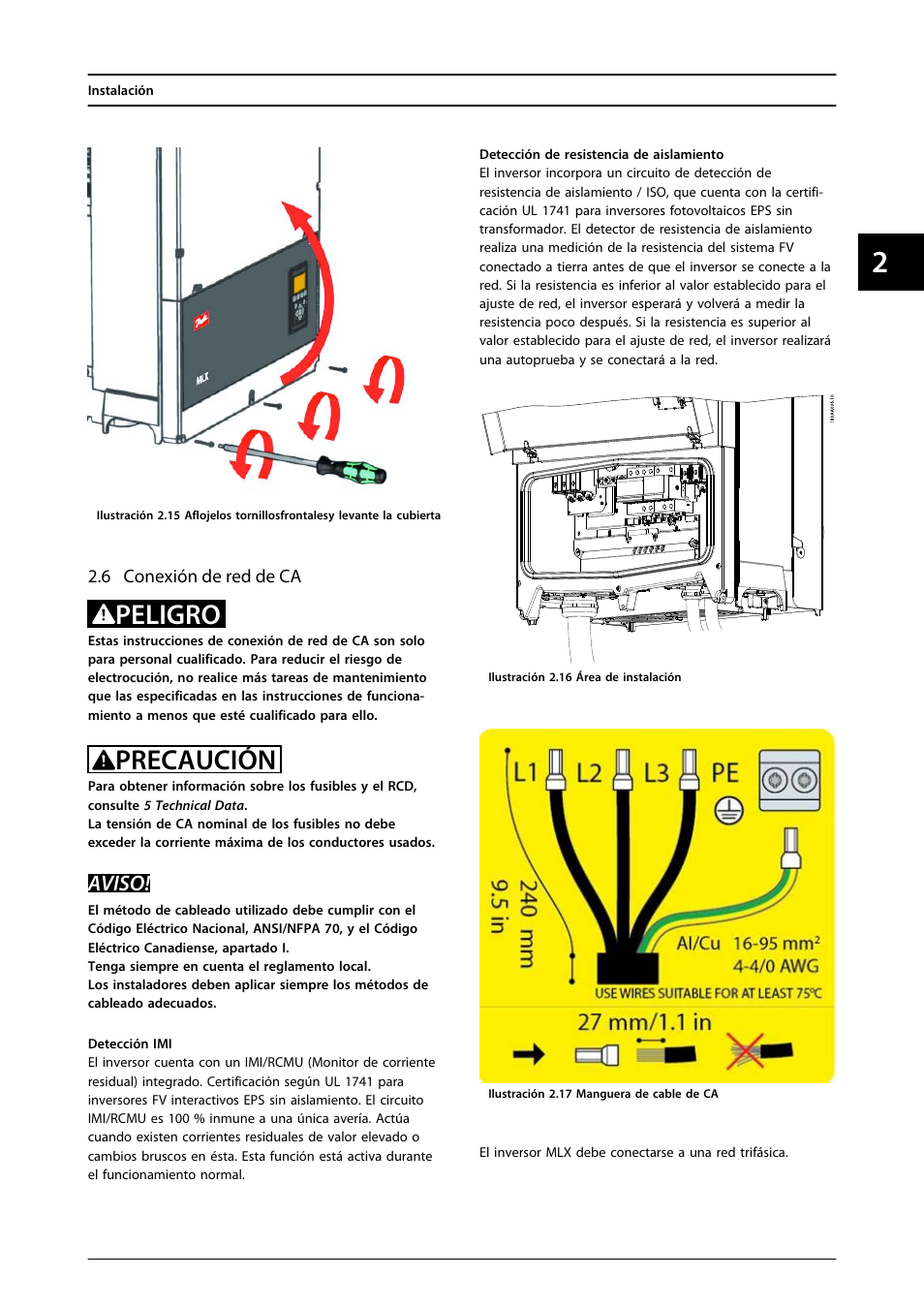 6 conexión de red de ca, Peligro, Precaución | Aviso | SMA MLX Series User Manual | Page 52 / 153