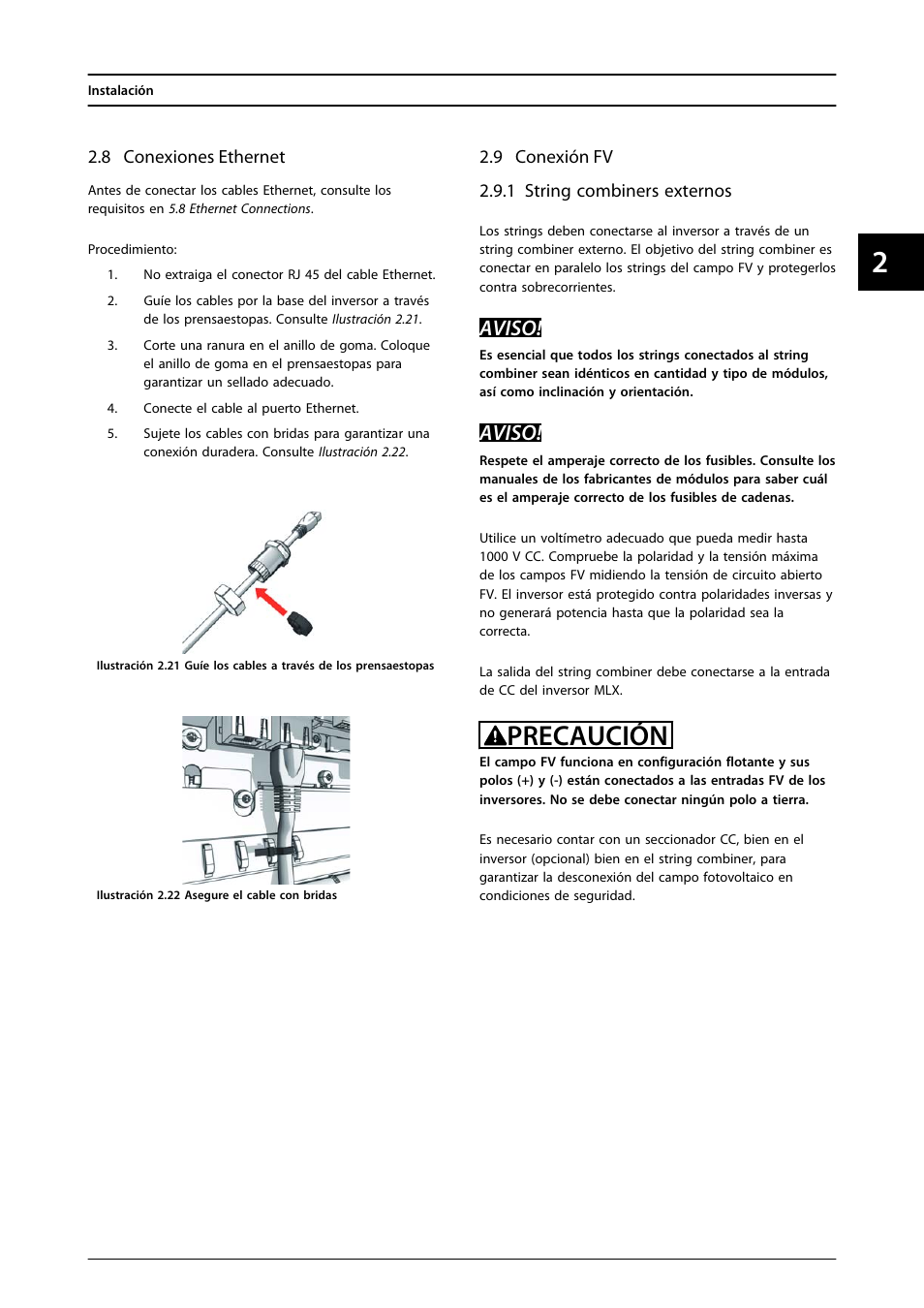 8 conexiones ethernet, 9 conexión fv, 1 string combiners externos | Precaución, Aviso | SMA MLX Series User Manual | Page 54 / 153