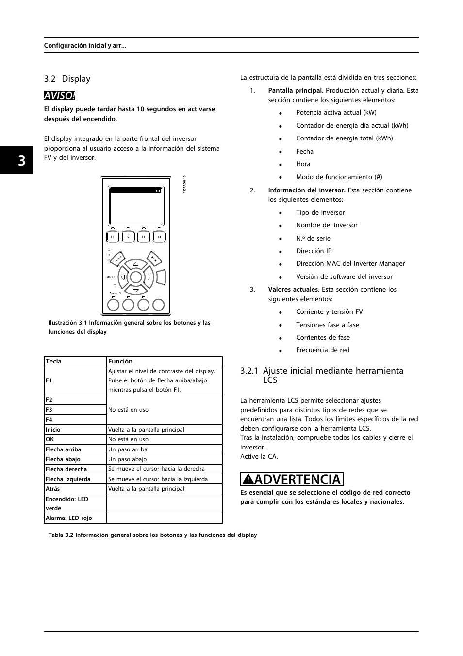2 display, 1 ajuste inicial mediante herramienta lcs, Advertencia | Aviso | SMA MLX Series User Manual | Page 57 / 153