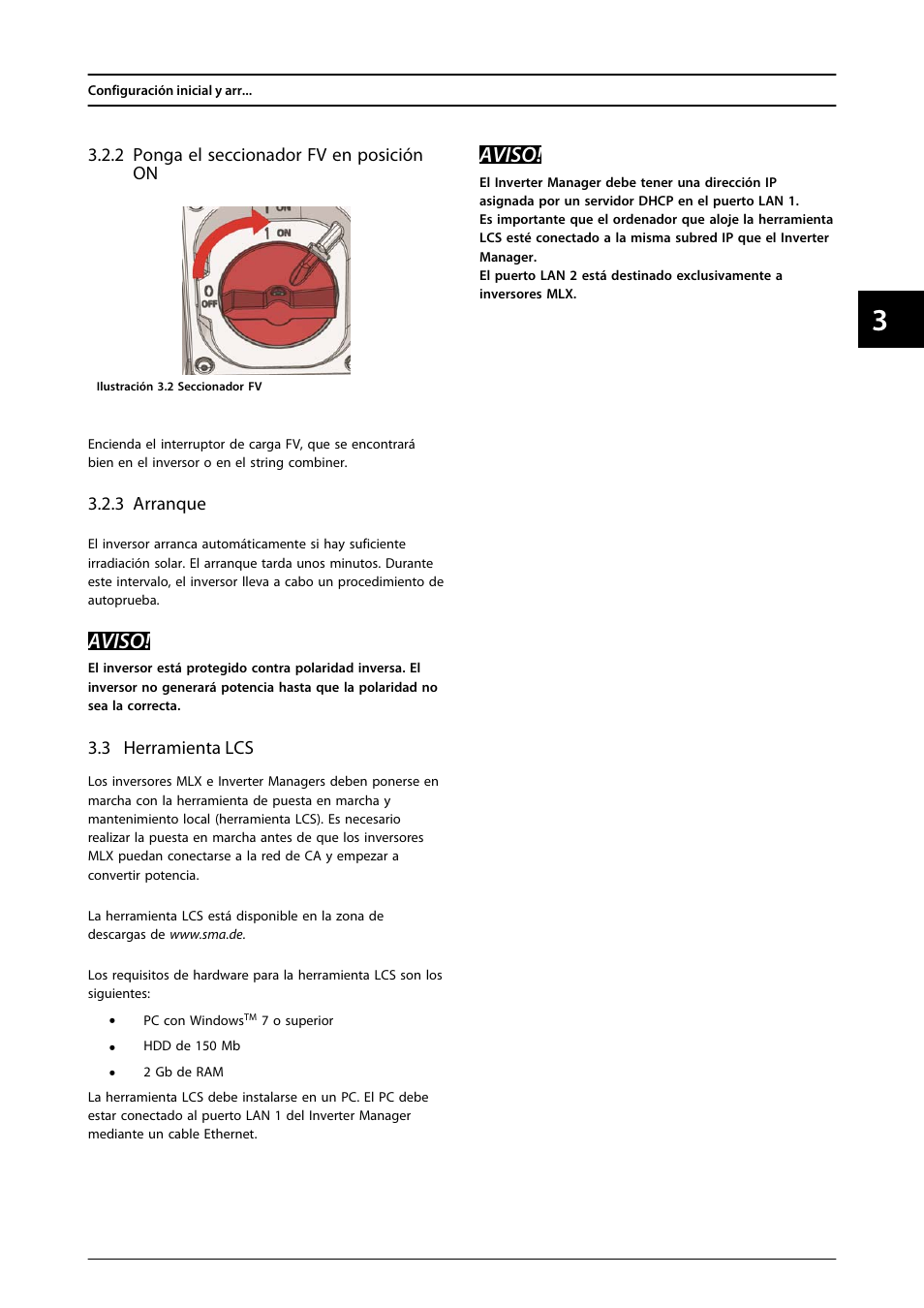 2 ponga el seccionador fv en posición on, 3 arranque, 3 herramienta lcs | Aviso | SMA MLX Series User Manual | Page 58 / 153