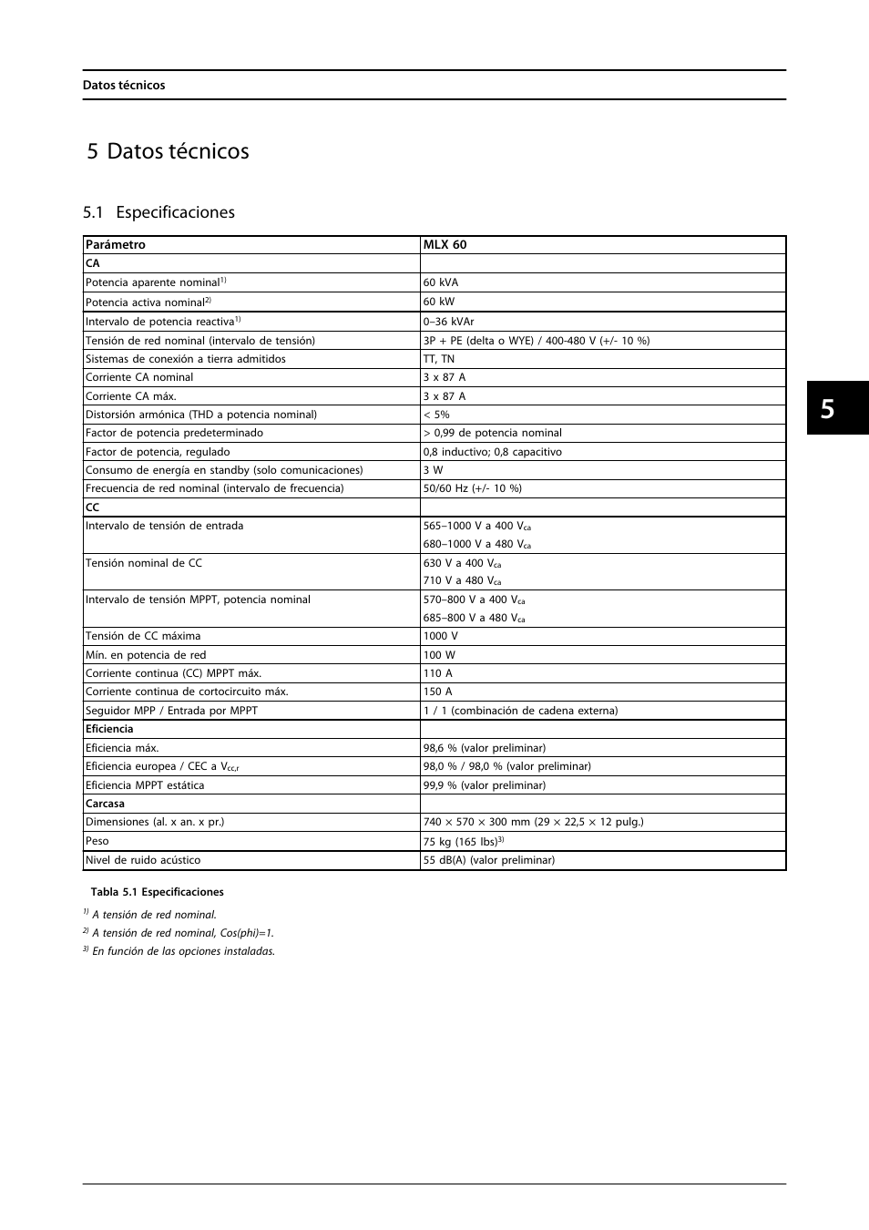 5 datos técnicos, 1 especificaciones | SMA MLX Series User Manual | Page 70 / 153