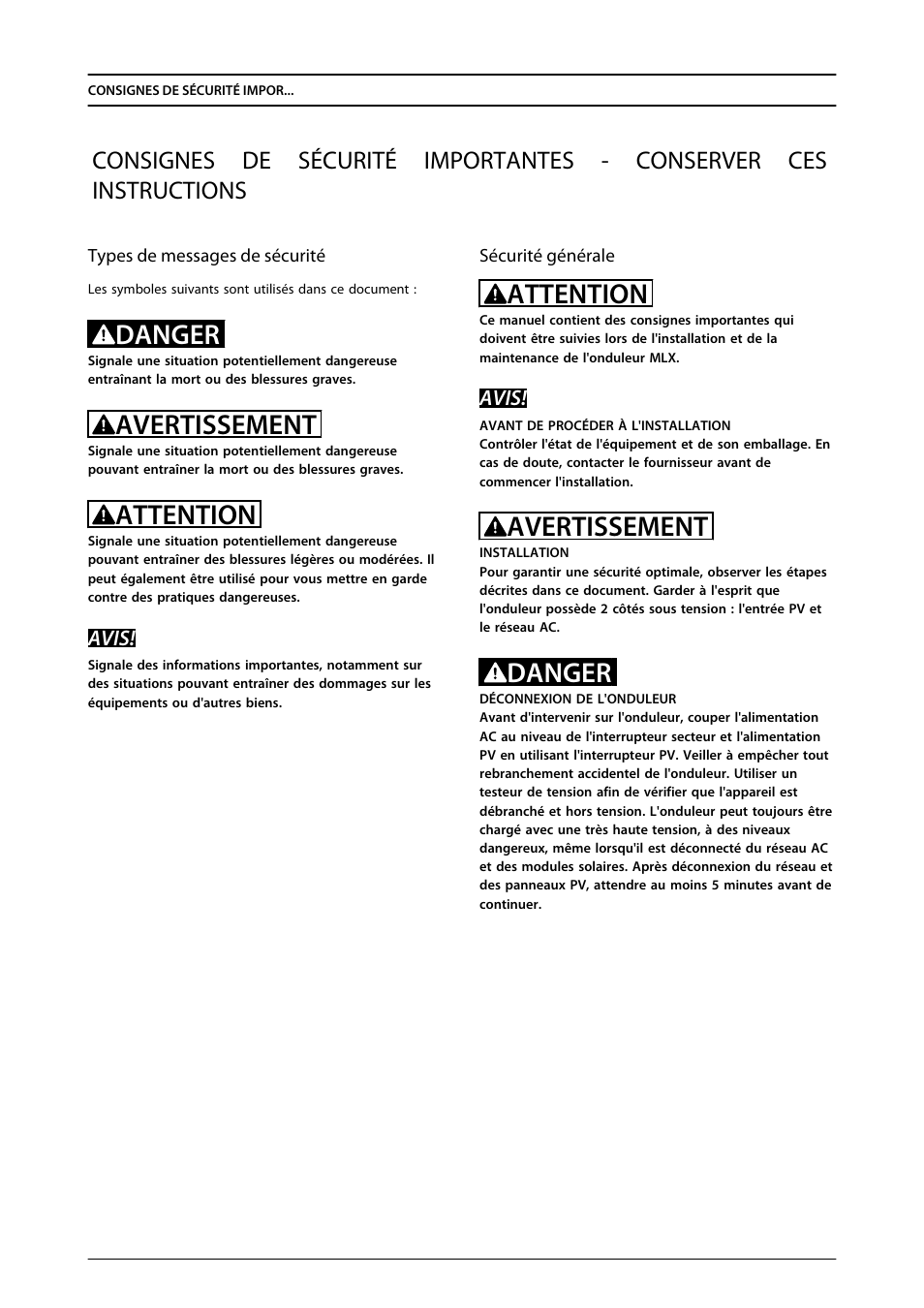 Danger, Avertissement, Attention | SMA MLX Series User Manual | Page 76 / 153