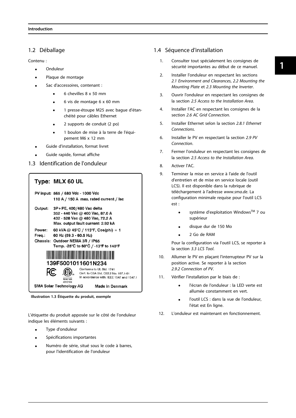 2 déballage, 3 identification de l'onduleur, 4 séquence d'installation | SMA MLX Series User Manual | Page 84 / 153