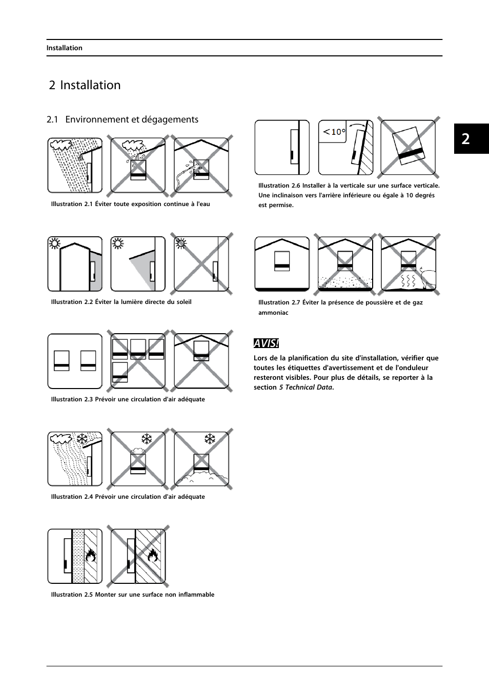 2 installation, 1 environnement et dégagements, Avis | SMA MLX Series User Manual | Page 86 / 153
