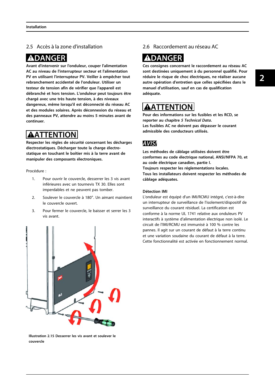 5 accès à la zone d'installation, 6 raccordement au réseau ac, Danger | Attention, Avis | SMA MLX Series User Manual | Page 90 / 153
