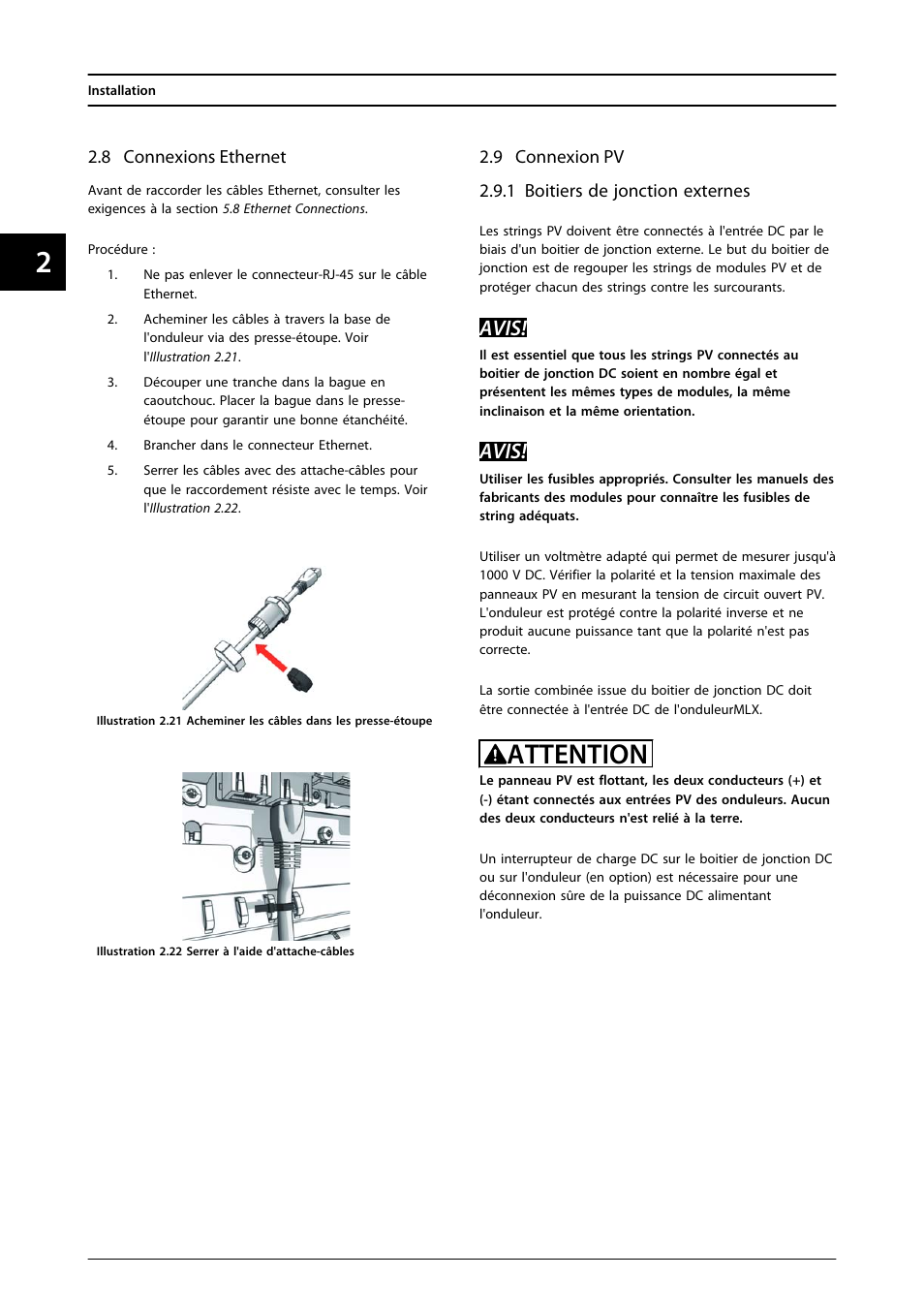 8 connexions ethernet, 9 connexion pv, 1 boitiers de jonction externes | Attention, Avis | SMA MLX Series User Manual | Page 93 / 153