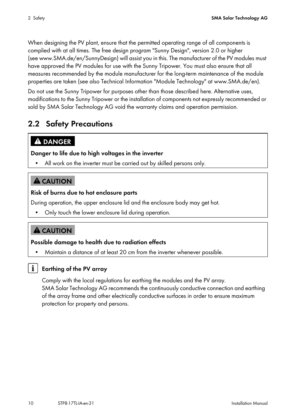 2 safety precautions | SMA STP 8000TL-10 User Manual | Page 10 / 128