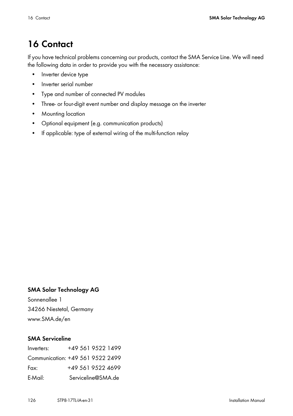 16 contact, Ervice line (see | SMA STP 8000TL-10 User Manual | Page 126 / 128