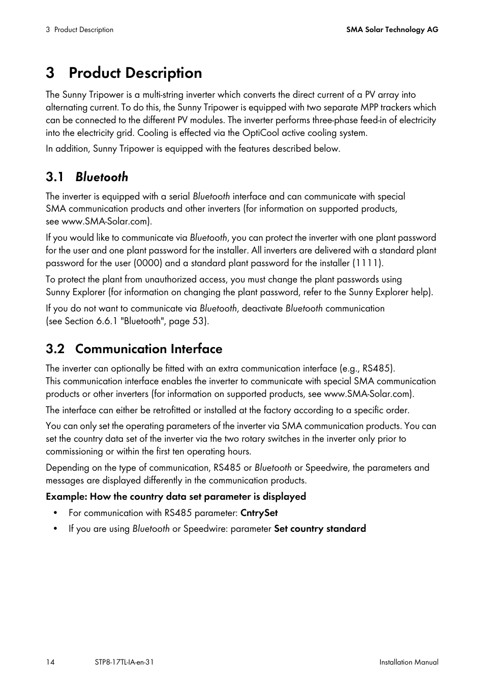 3 product description, 1 bluetooth, 2 communication interface | 1 bl | SMA STP 8000TL-10 User Manual | Page 14 / 128