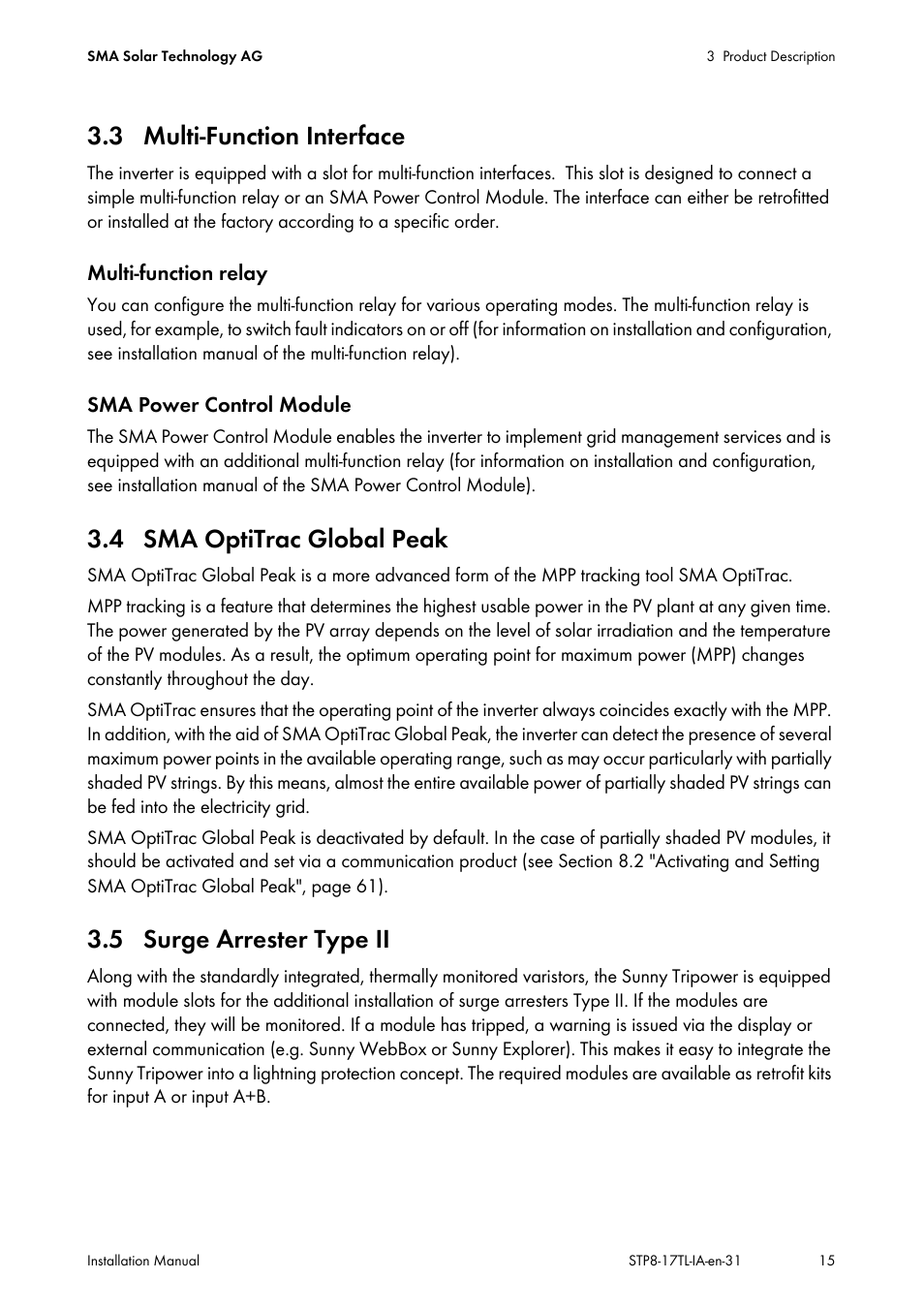 3 multi-function interface, 4 sma optitrac global peak, 5 surge arrester type ii | SMA STP 8000TL-10 User Manual | Page 15 / 128