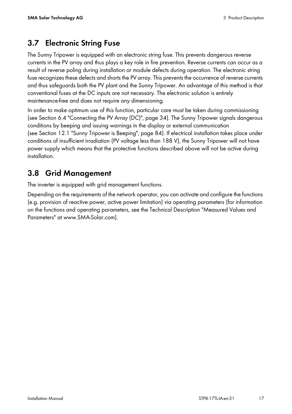 7 electronic string fuse, 8 grid management, 7 electronic string fuse 3.8 grid management | SMA STP 8000TL-10 User Manual | Page 17 / 128