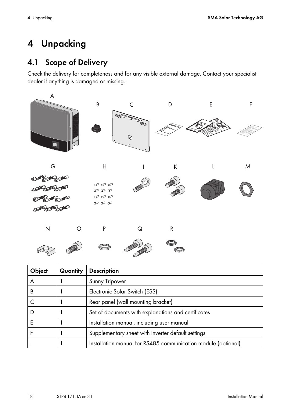 4 unpacking, 1 scope of delivery | SMA STP 8000TL-10 User Manual | Page 18 / 128