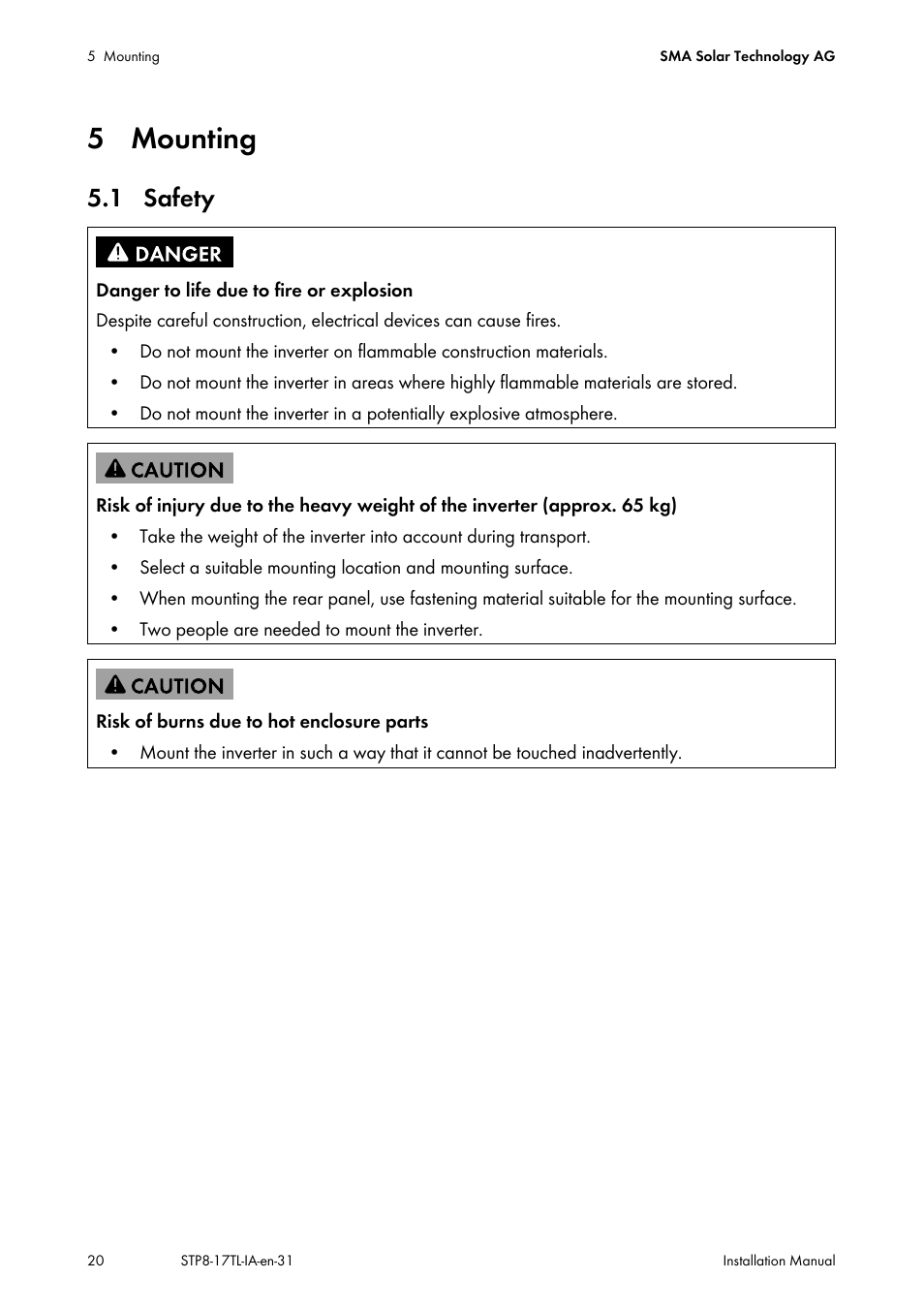 5 mounting, 1 safety | SMA STP 8000TL-10 User Manual | Page 20 / 128