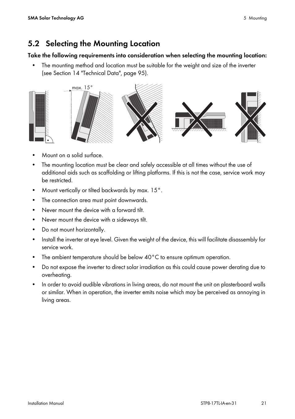 2 selecting the mounting location | SMA STP 8000TL-10 User Manual | Page 21 / 128