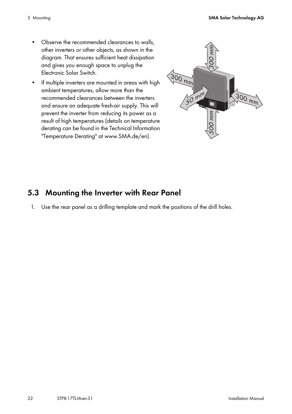 3 mounting the inverter with rear panel | SMA STP 8000TL-10 User Manual | Page 22 / 128