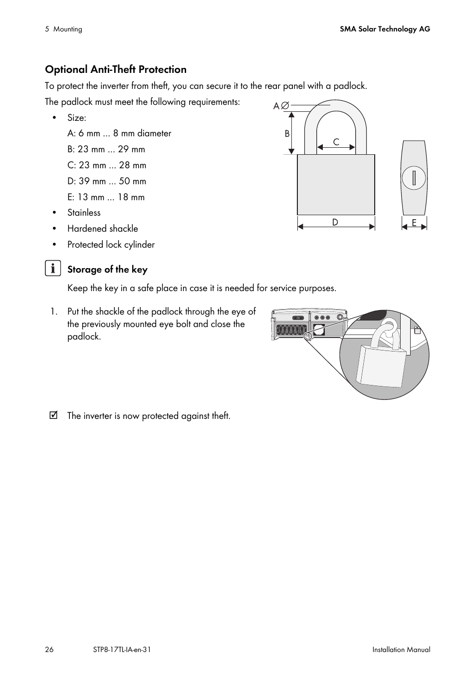 Optional anti-theft protection | SMA STP 8000TL-10 User Manual | Page 26 / 128