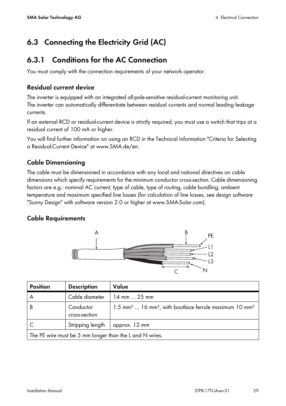 3 connecting the electricity grid (ac), 1 conditions for the ac connection | SMA STP 8000TL-10 User Manual | Page 29 / 128