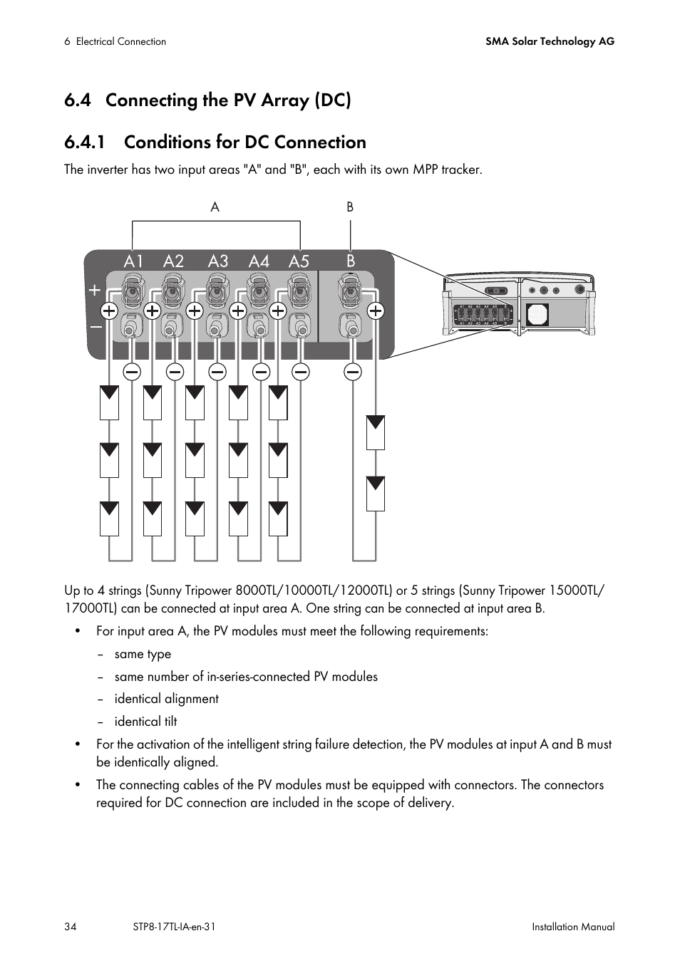 4 connecting the pv array (dc), 1 conditions for dc connection | SMA STP 8000TL-10 User Manual | Page 34 / 128