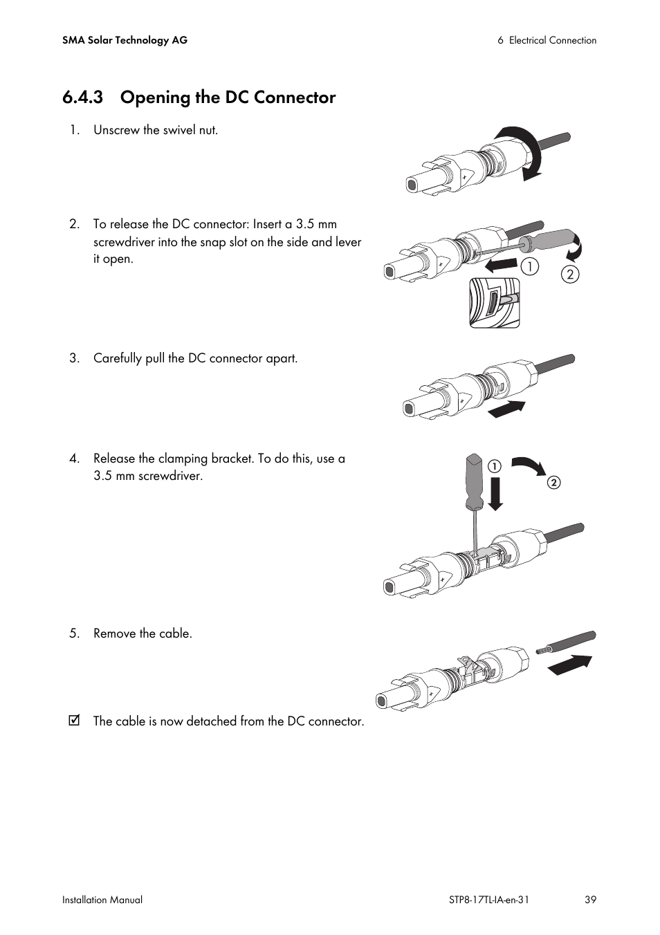 3 opening the dc connector | SMA STP 8000TL-10 User Manual | Page 39 / 128