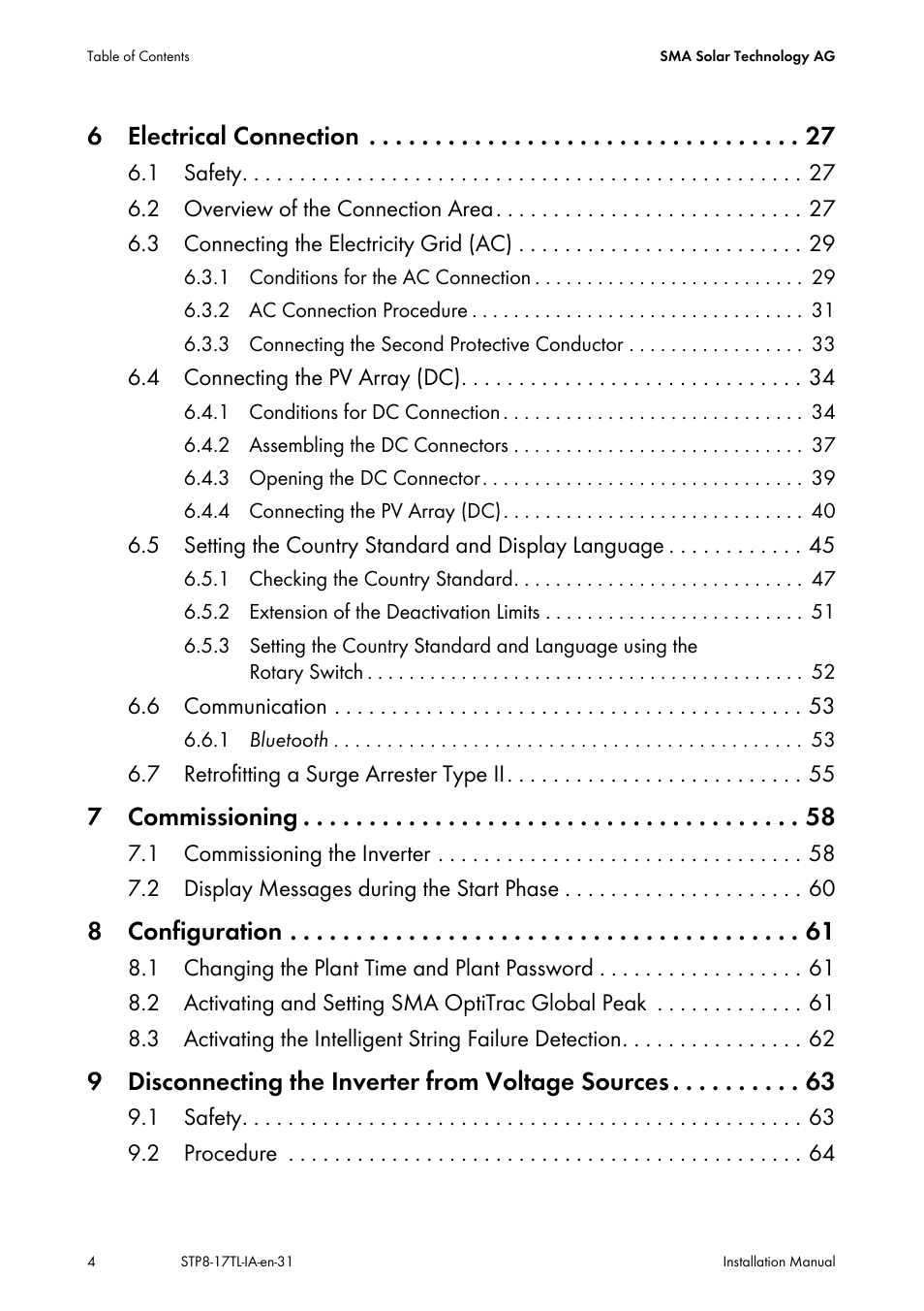 6 electrical connection, 7 commissioning, 8 configuration | 9 disconnecting the inverter from voltage sources | SMA STP 8000TL-10 User Manual | Page 4 / 128