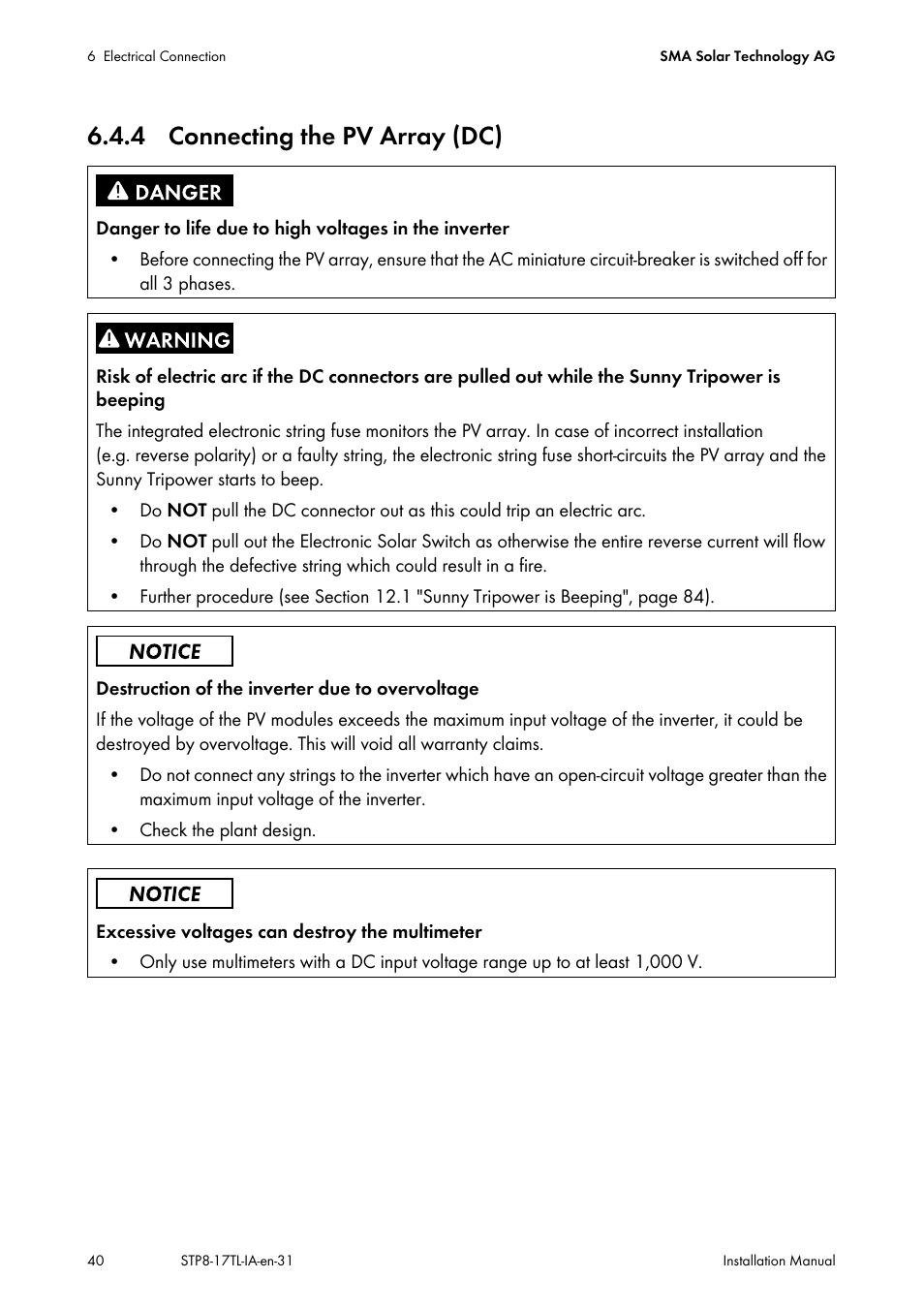 4 connecting the pv array (dc) | SMA STP 8000TL-10 User Manual | Page 40 / 128