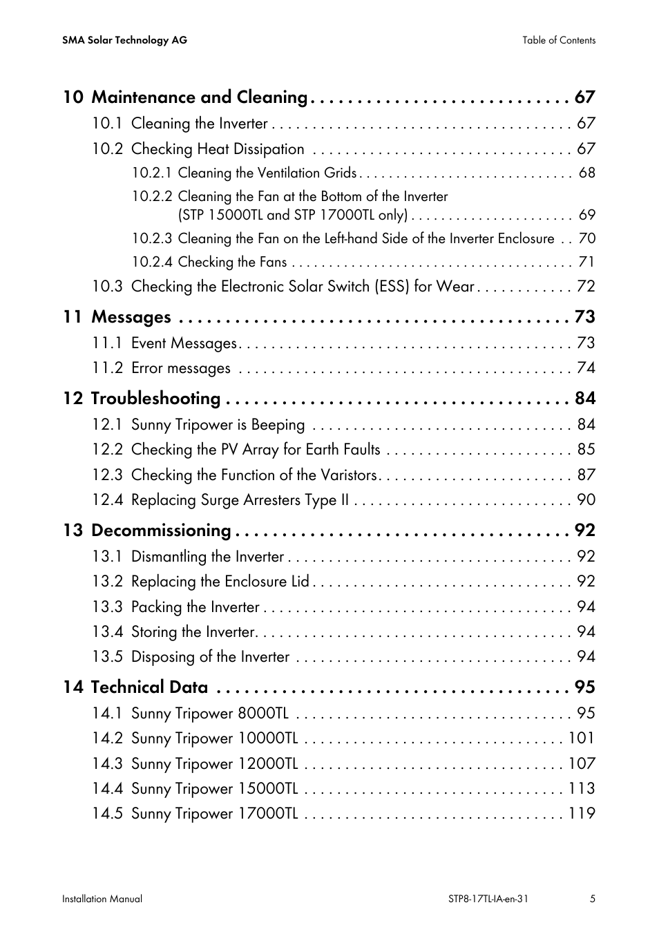 10 maintenance and cleaning, 11 messages, 12 troubleshooting | 13 decommissioning, 14 technical data | SMA STP 8000TL-10 User Manual | Page 5 / 128