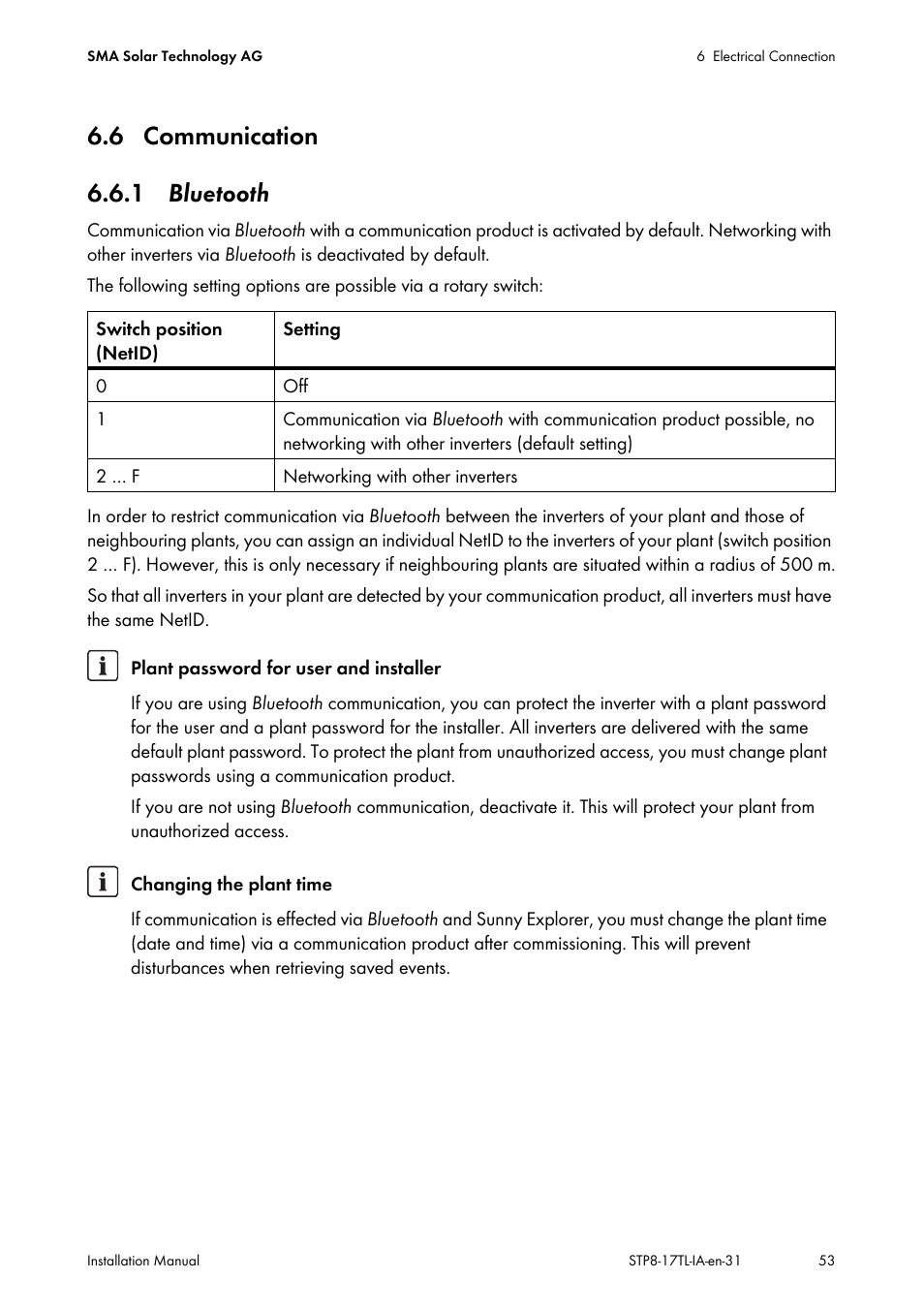 6 communication, 1 bluetooth, 1 blu | 6 communication 6.6.1 bluetooth | SMA STP 8000TL-10 User Manual | Page 53 / 128