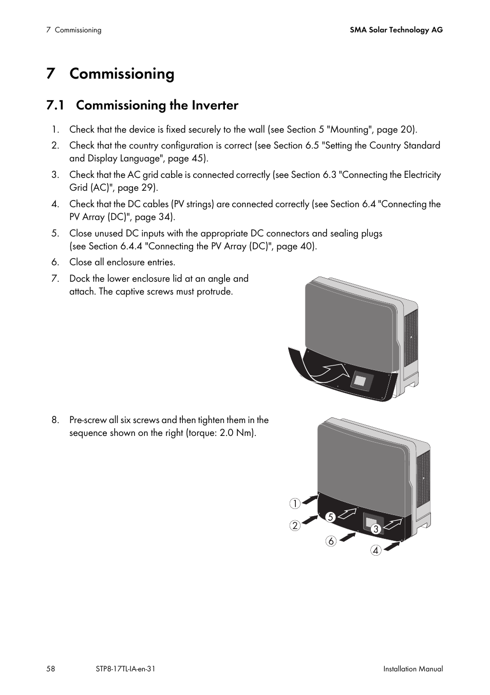 7 commissioning, 1 commissioning the inverter | SMA STP 8000TL-10 User Manual | Page 58 / 128