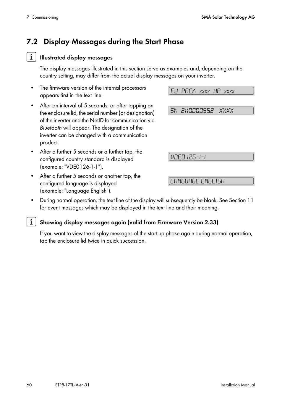 2 display messages during the start phase, Language english | SMA STP 8000TL-10 User Manual | Page 60 / 128