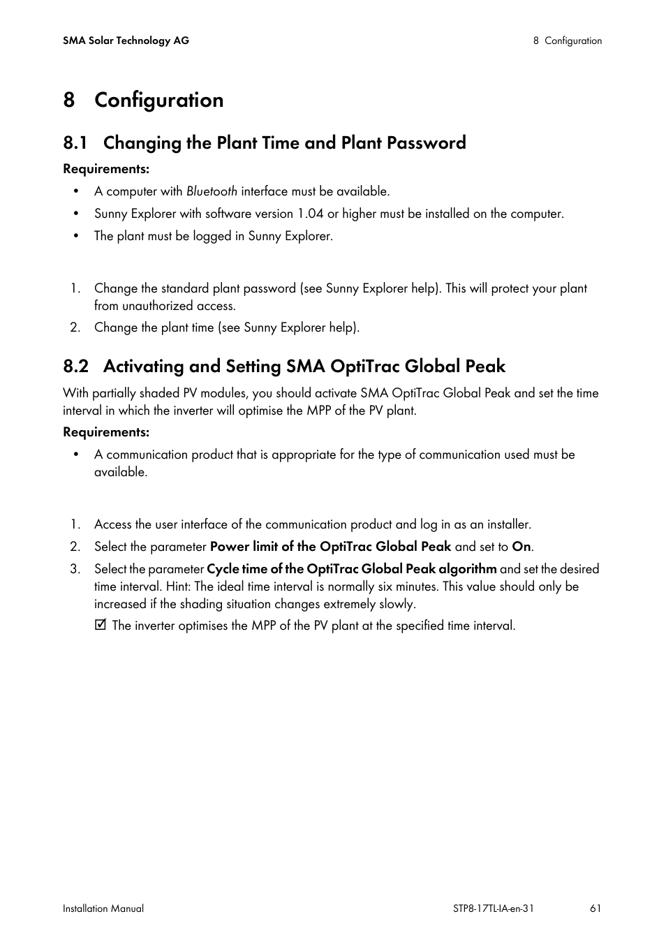 8 configuration, 1 changing the plant time and plant password, 2 activating and setting sma optitrac global peak | SMA STP 8000TL-10 User Manual | Page 61 / 128