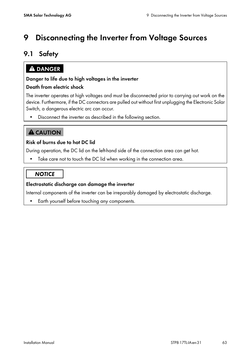 9 disconnecting the inverter from voltage sources, 1 safety | SMA STP 8000TL-10 User Manual | Page 63 / 128