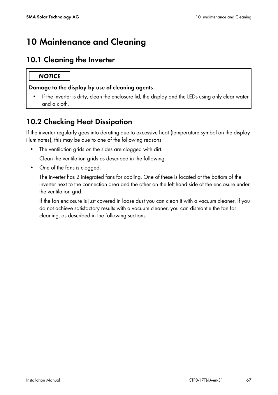 10 maintenance and cleaning, 1 cleaning the inverter, 2 checking heat dissipation | SMA STP 8000TL-10 User Manual | Page 67 / 128