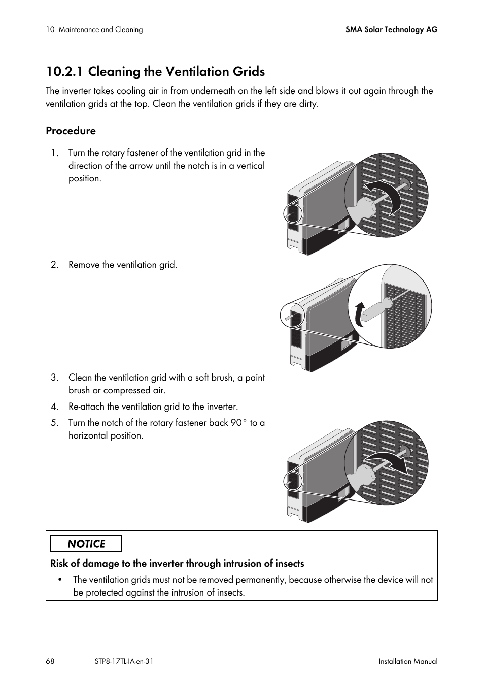 1 cleaning the ventilation grids | SMA STP 8000TL-10 User Manual | Page 68 / 128