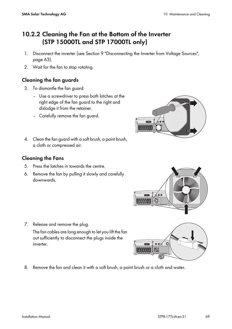 2 cleaning the fan at the bottom of the inverter, Stp 15000tl and stp 17000tl only) | SMA STP 8000TL-10 User Manual | Page 69 / 128