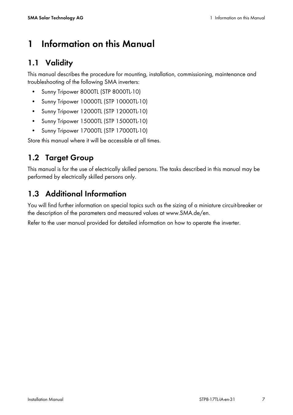 1 information on this manual, 1 validity, 2 target group | 3 additional information | SMA STP 8000TL-10 User Manual | Page 7 / 128