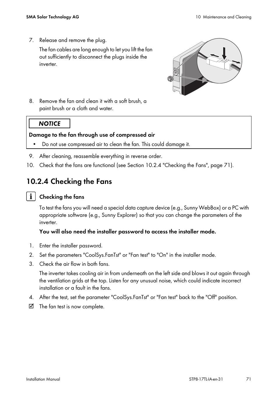 4 checking the fans | SMA STP 8000TL-10 User Manual | Page 71 / 128