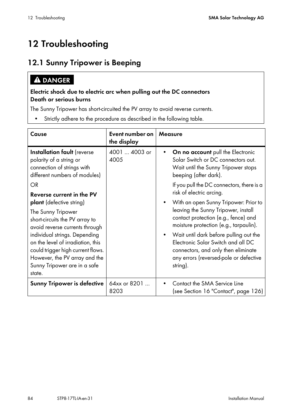 12 troubleshooting, 1 sunny tripower is beeping | SMA STP 8000TL-10 User Manual | Page 84 / 128