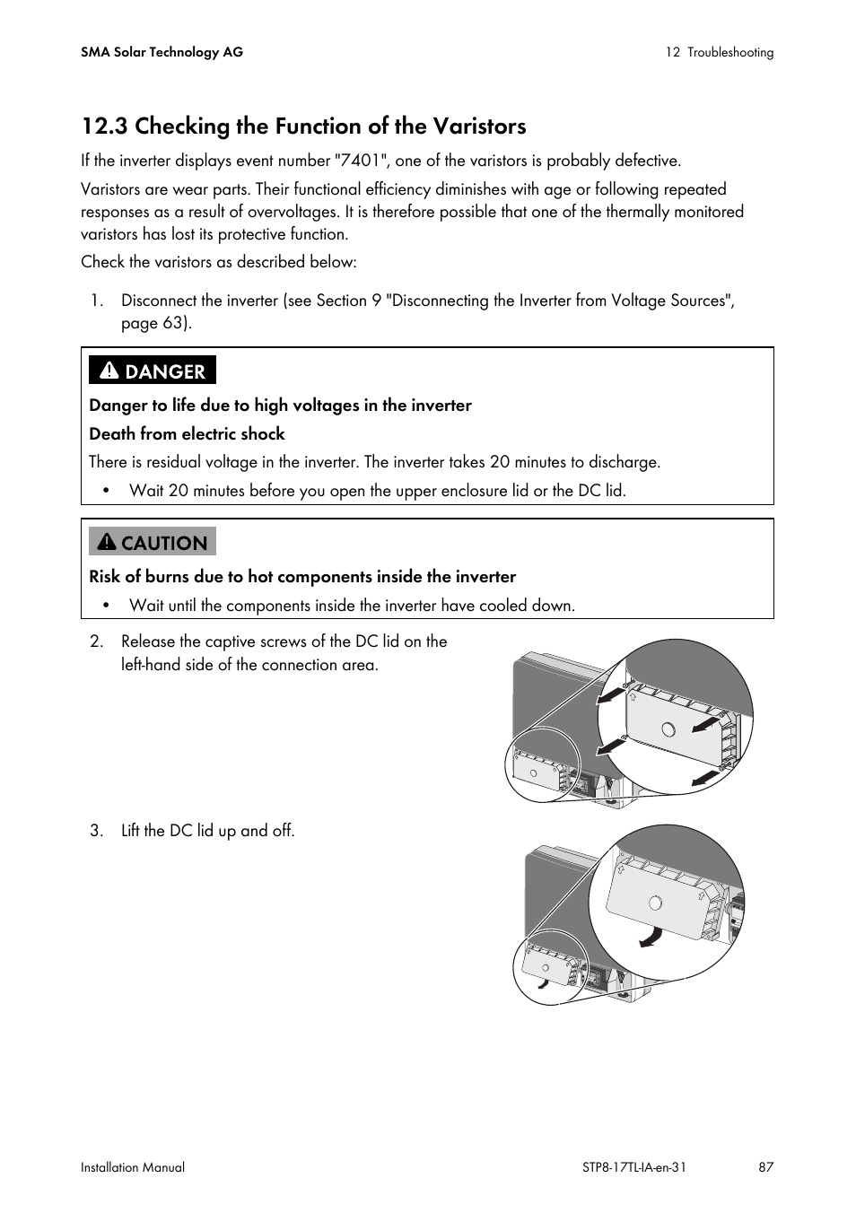 3 checking the function of the varistors, See section 12.3 | SMA STP 8000TL-10 User Manual | Page 87 / 128