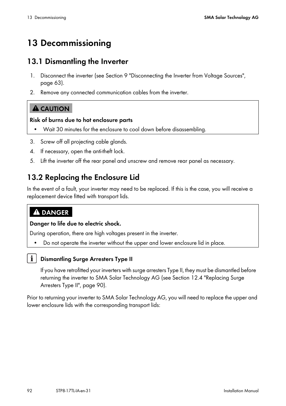 13 decommissioning, 1 dismantling the inverter, 2 replacing the enclosure lid | SMA STP 8000TL-10 User Manual | Page 92 / 128